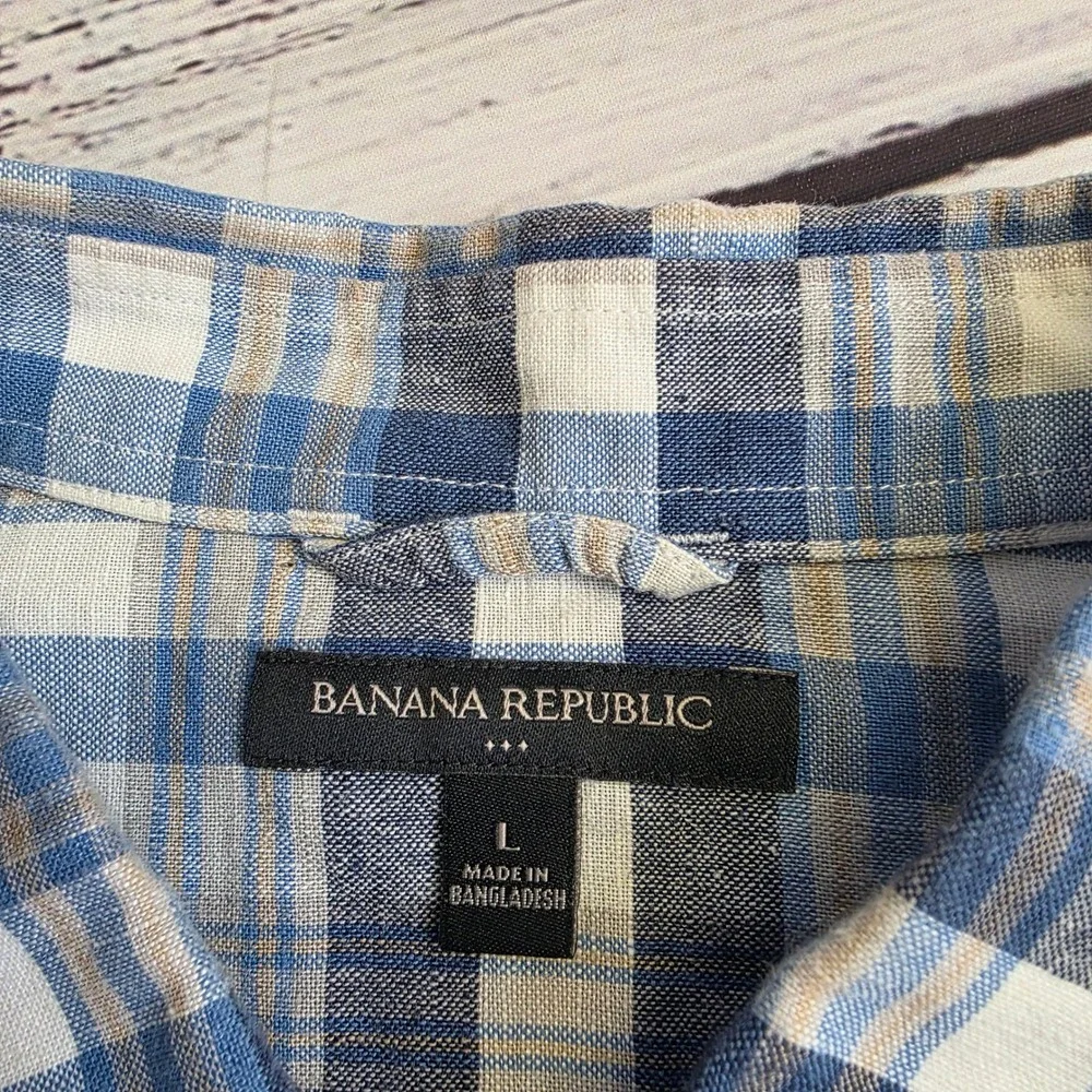 Banana Republic Mens Large Blue Plaid Linen Cotton Long Sleeve Button Up Shirt